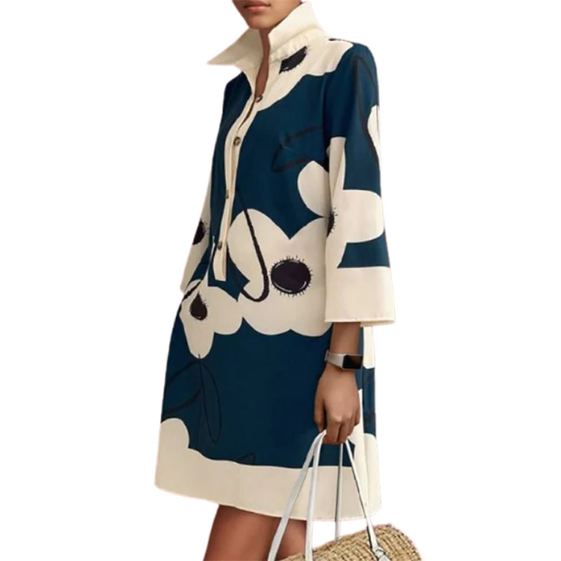 UOOZEE Urban Female Elegant Floral Printed Lapel Shirts Dress 2025 New Spring Long Sleeves Loose Fit Casual Office Mini Dresses