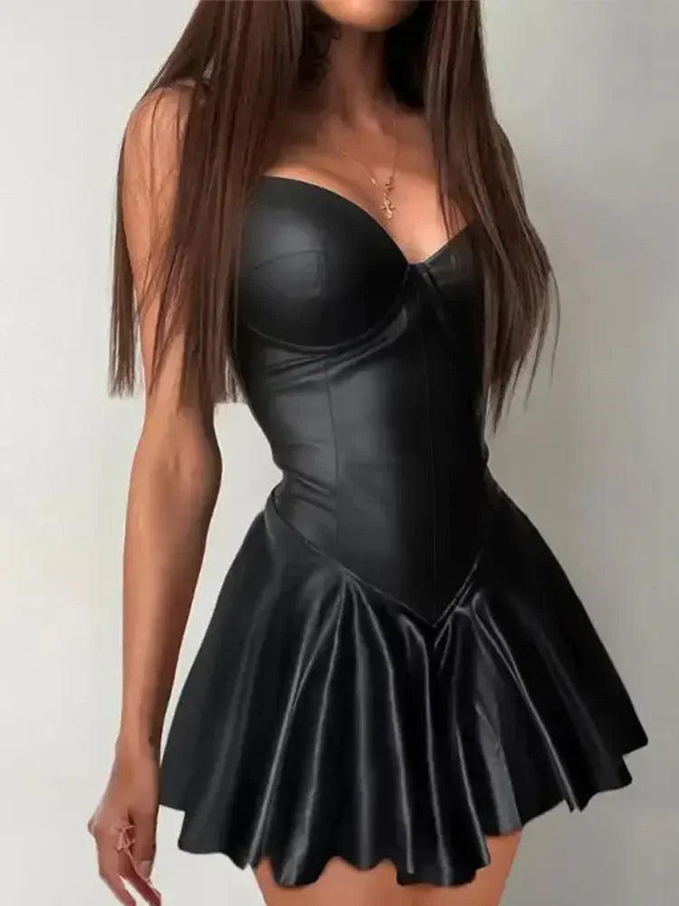 Spaghetti Strap Faux Leather A-line Mini Dress For Women