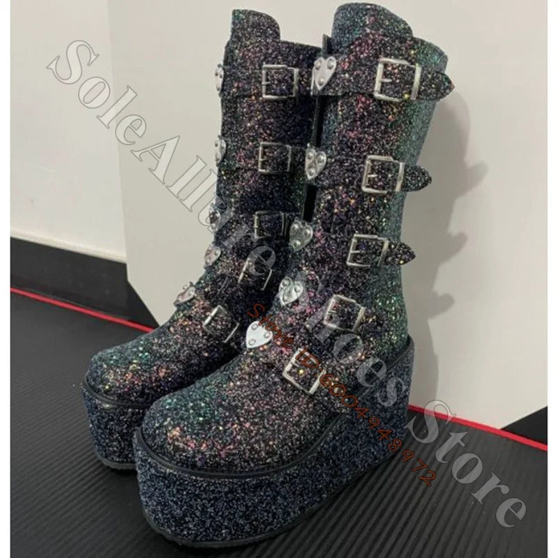 Glitter Heart Buckle Adjustable Mid Calf Wedge Boots For Women