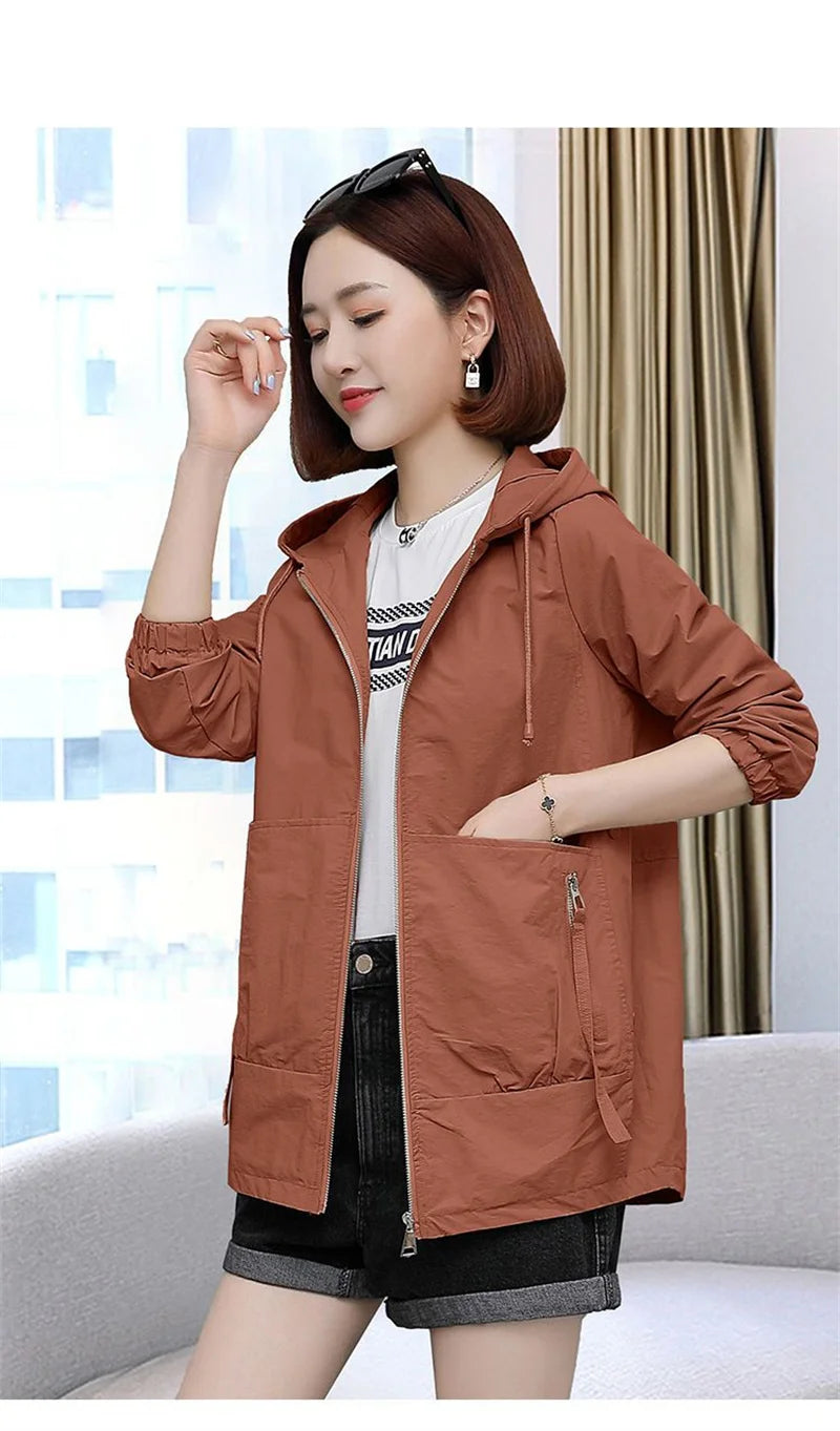Lining Hooded Coat Female Spring And Autumn Temperament Short Jacket Casual Short Trench Coat Female Hooded Outwear Khaki