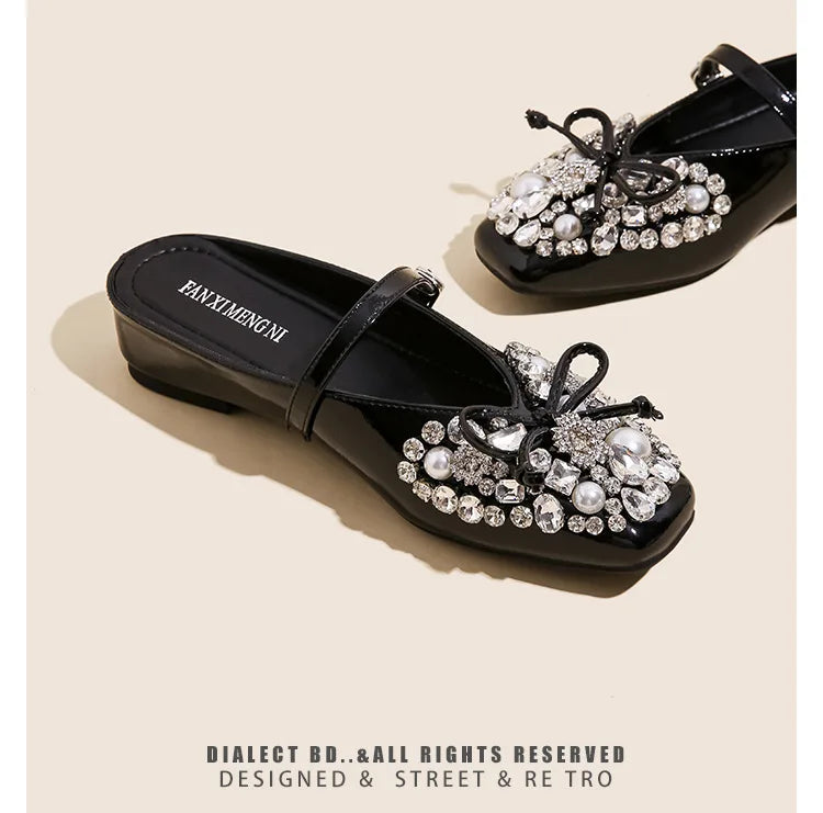 Pearl Bow Embellished Square Toe Flat Shoes For Women