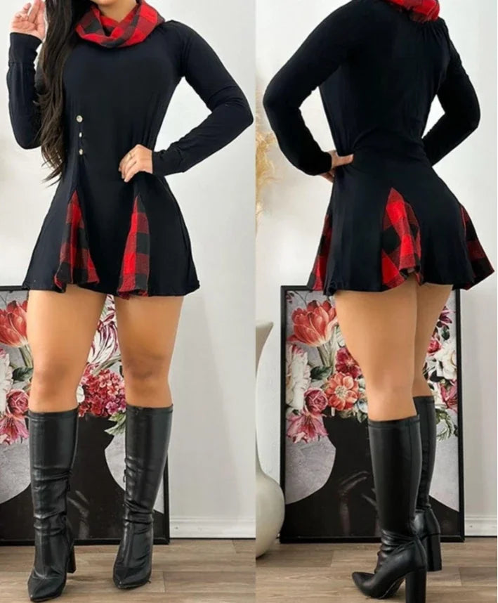 Mini Dresses for Women New Fashion Plaid Pattern Funnel Neck Long Sleeve Casual Temperament Elegant 2024 Autumn  A Line Dress