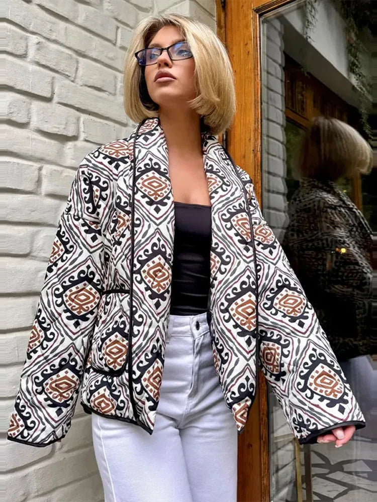 Printed Cotton Padded Winter Coat with V Neck for Women