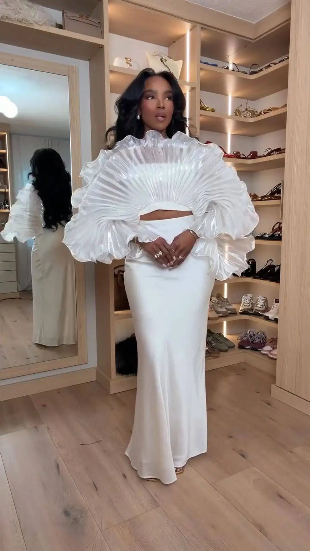Sheer Pleated Ruffle Long Sleeve Top
