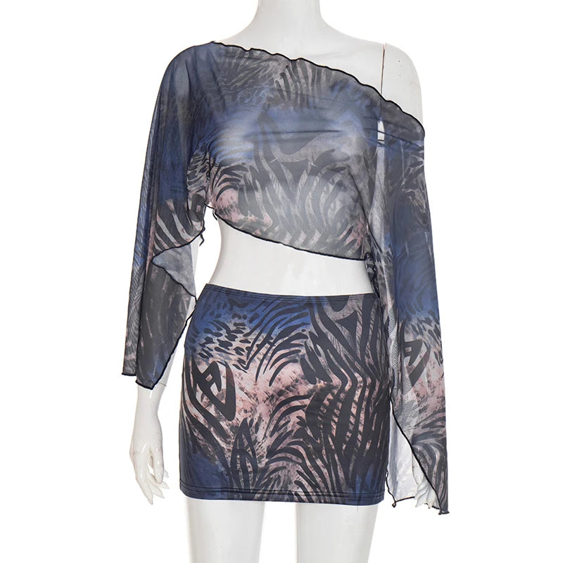 Tiger Striped Mesh Crop Top and Peach Hip Skirt Two Piece Set for Women