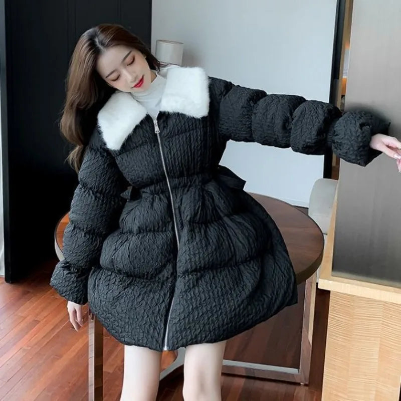 Women Cotton Padded Jacket Coat Female Winter Student Clothing Big Fur Collar Fashionable Medium To Long Parkas