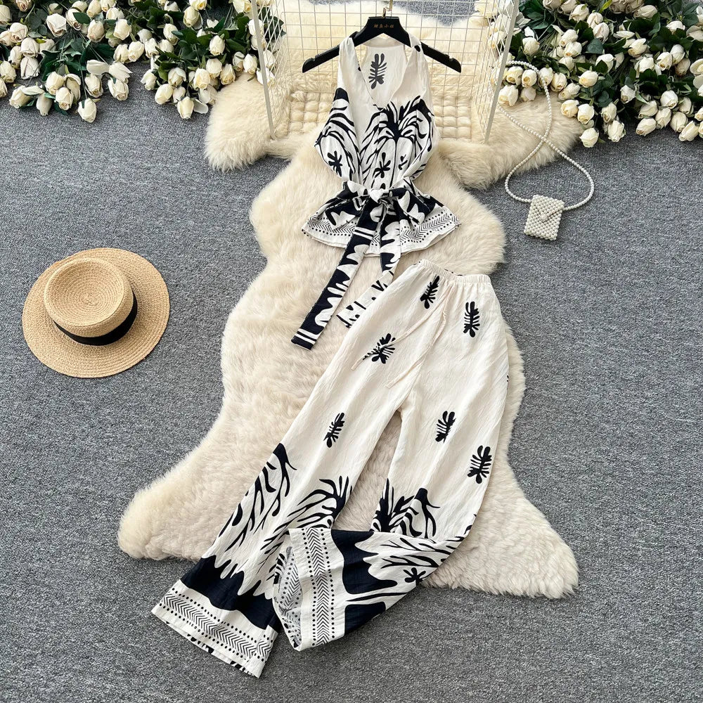 Boho Print Lace-Up Tank Top and Wide-Leg Pants Set for Women