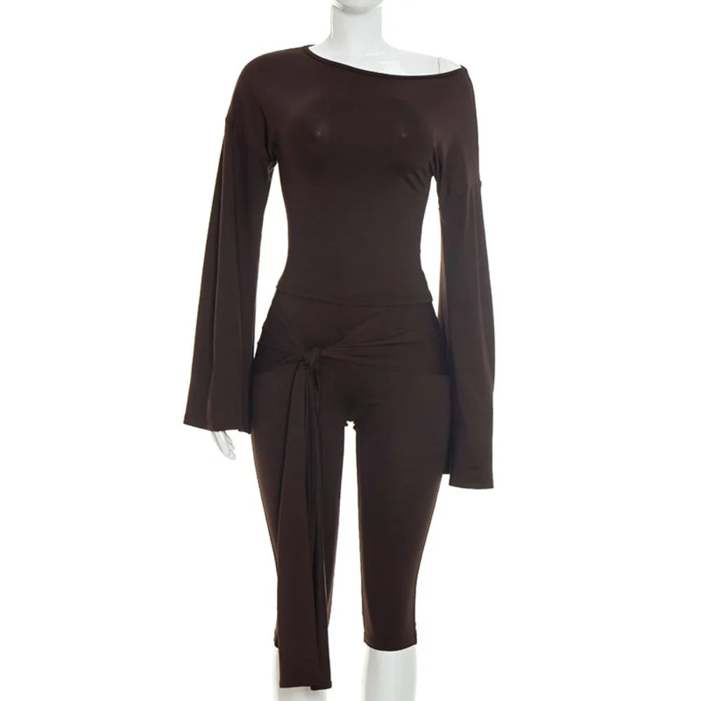 Slash Neck Two Piece Crop Top And Capri Pants Set for Women