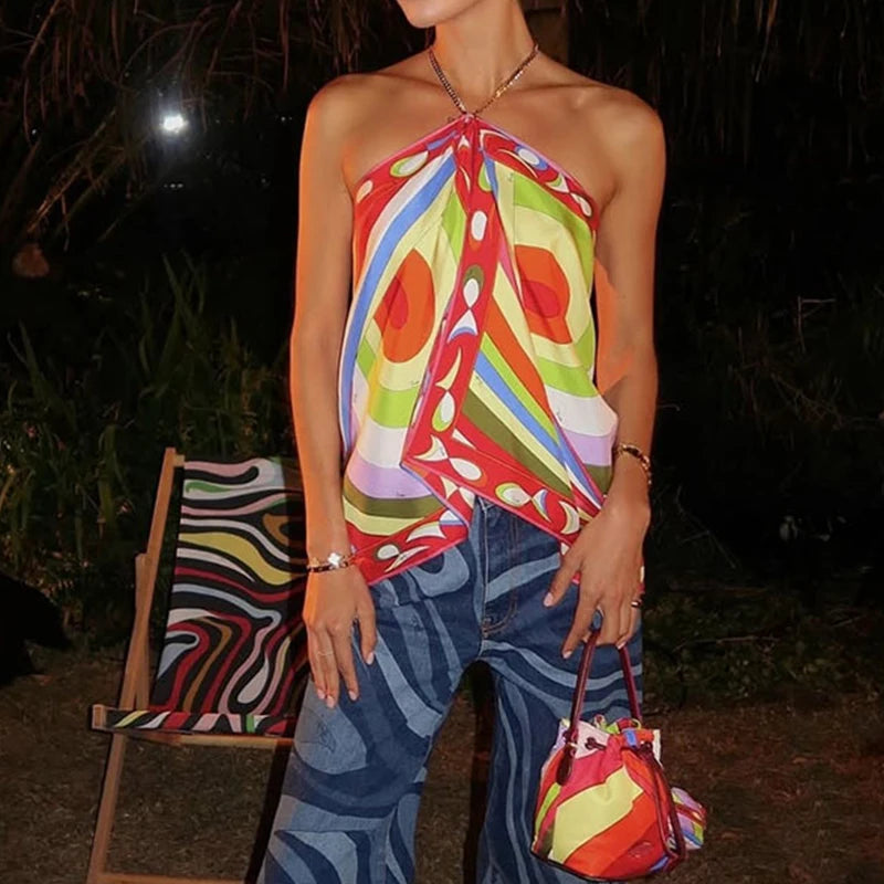 New 2025 Vacation Hollow Sleeveless Bohemian Shirt Chain Halter Pleated Club T-shirts Satin Print Slim Fit Women's Top Blouses