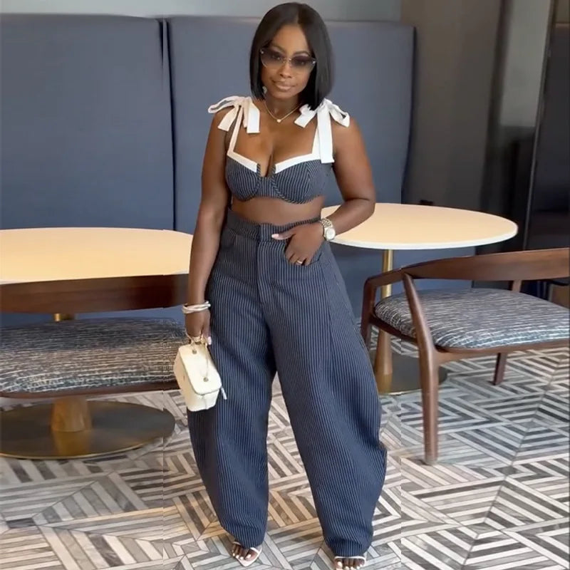 Striped Bow Crop Top And Wide Leg Pants Set For Women