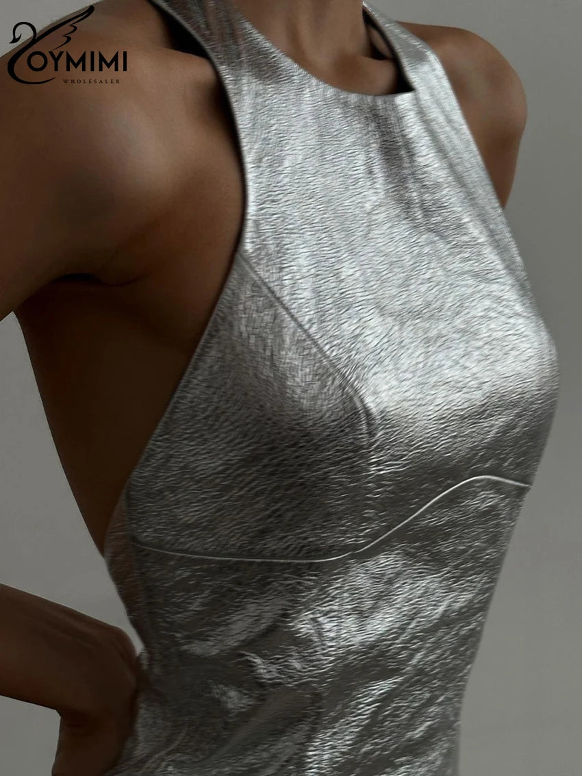 Oymimi Sexy Sliver Bodycon Dress Lady Fashion Slim O-Neck Sleeveless Mini Dress Elegant Classic Party Dresses For Women 2023