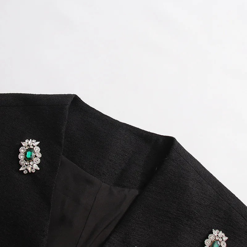 Black Diamond Encrusted Single Breasted Cropped Jacket For Women