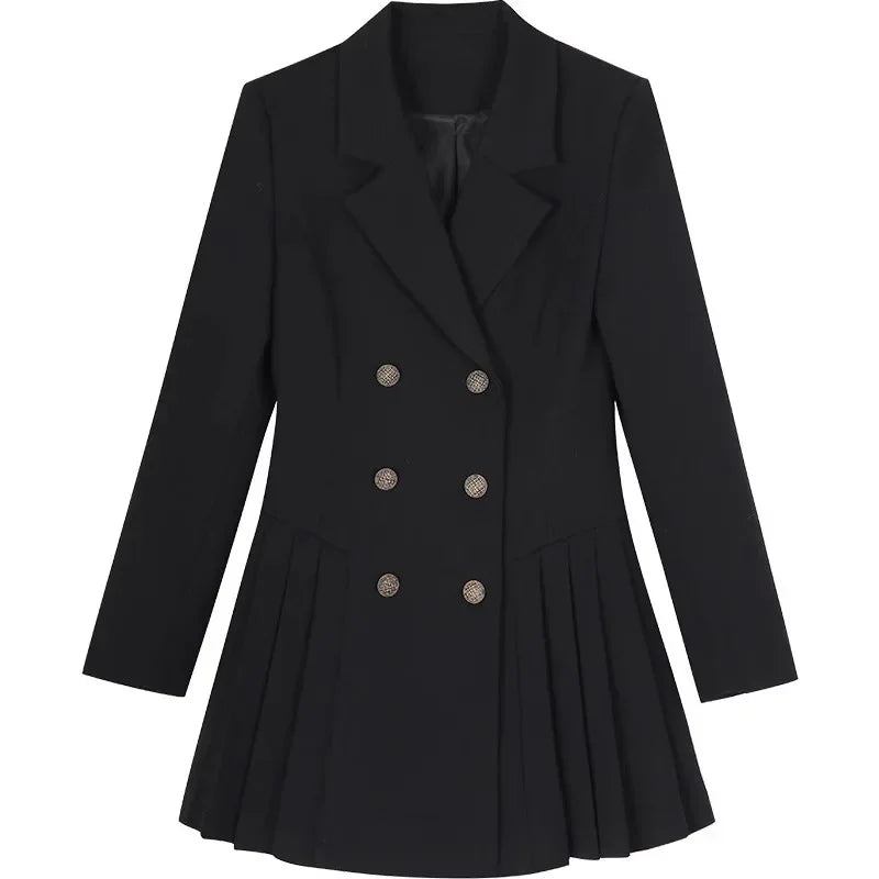 Elegant Double-Breasted Suit Dress Skirt Style Polyester Fiber Full Sleeve Regular Neckline Empire Waist Midi Length Dress