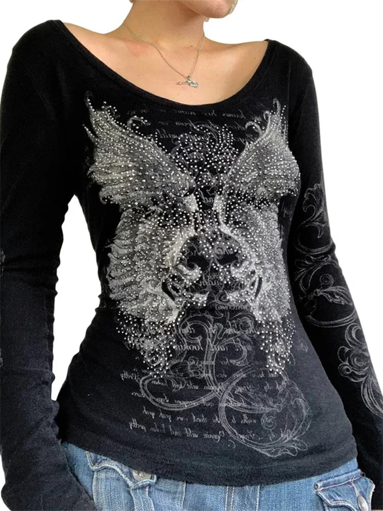 Gothic Rhinestone Graphic Long Sleeve Tee for Women
