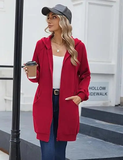 Solid Color Long Sleeve Zippered Hoodies For Women