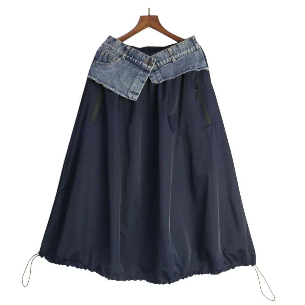 Casual Ankle-Length Spliced Denim with Contrast Color Skirt for Women