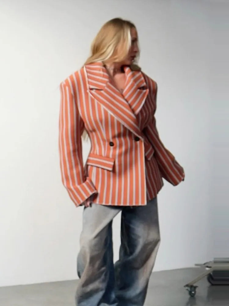 Striped Double-Breasted Blazer With Lapel for Women