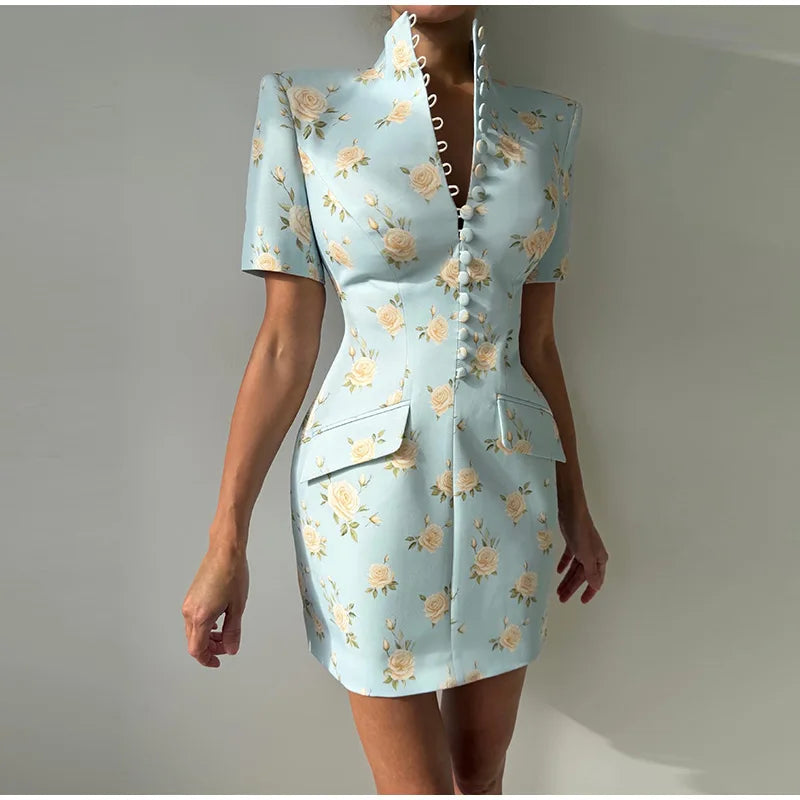 Elegant Printed Short Sleeve Stand Collar Dress for Women