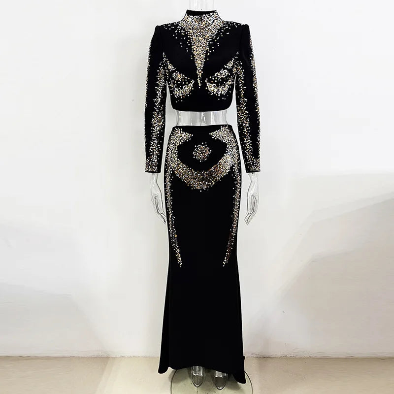 Luxury Sequin 2 Piece Set Women Long Sleeve Jacket Coat Mermaid Fishtail Maxi Skirts Suit 2pcs Outfits Formal Evening Dresses
