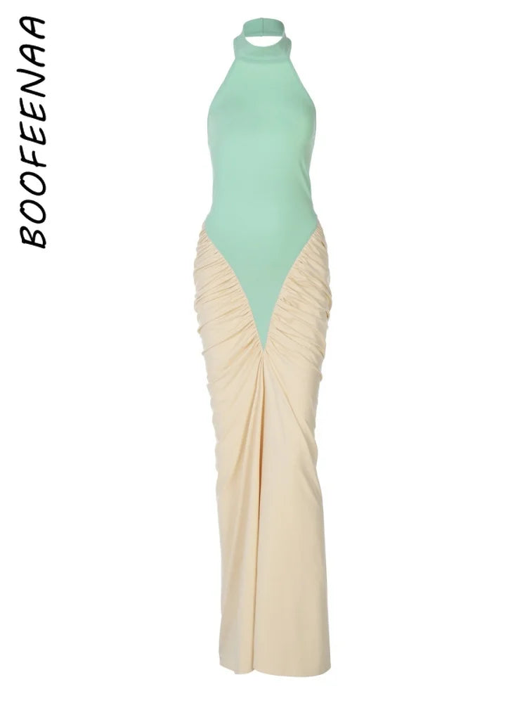 BOOFEENAA Patchwork Halter Backless Maxi Dress for Dinner Evening Gown Sexy Elegant Party Dresses for Woman Fall 2025 C15-CH41