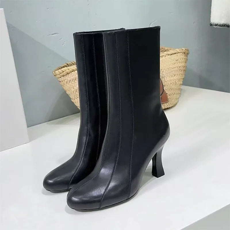 Genuine Leather High Heel Round Toe Mid Calf Boots for Women