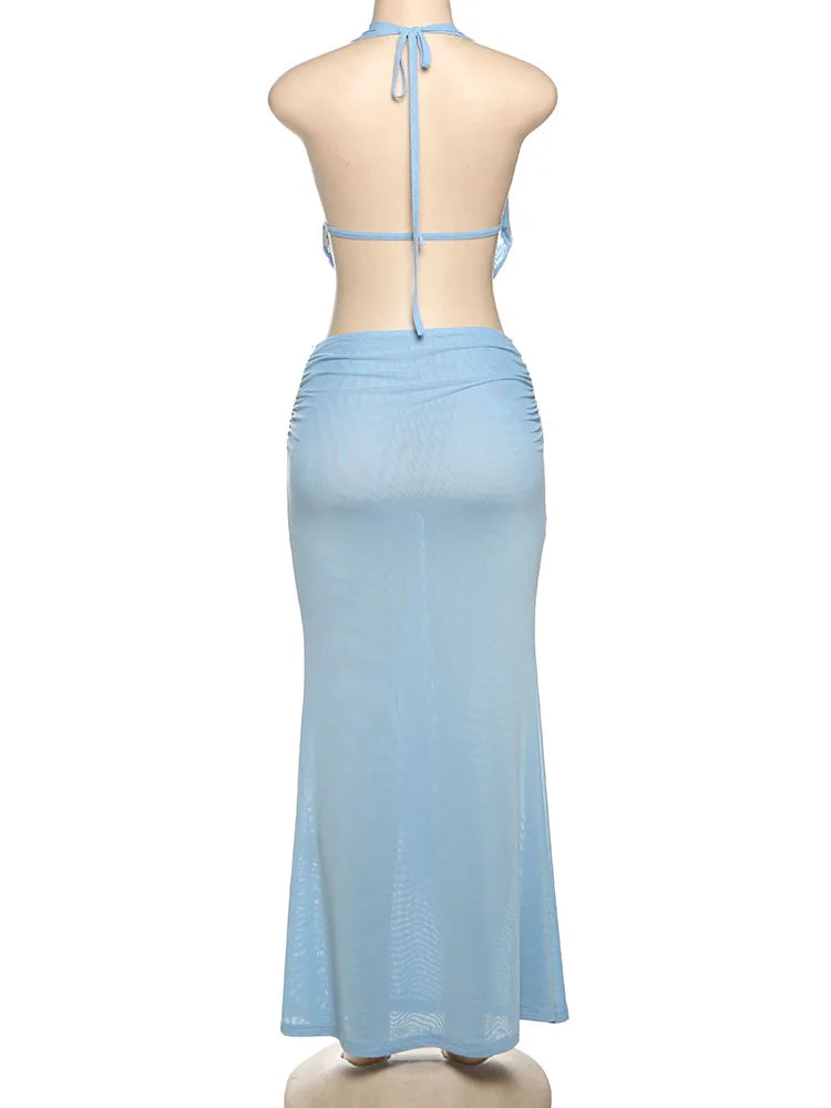 Halter Neck Tank and Pleated Maxi Skirt Two Piece Set for Women