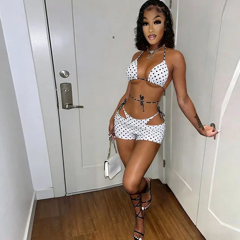 Polka Dot Lace Up Bikini Set with Briefs for Women