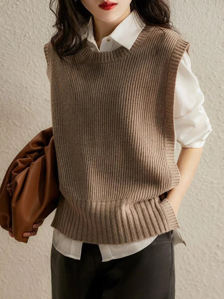 Waistcoat Round O Neck Solid Knit Vests for Women Pullover Lady Sweaters Wool Fashion 2025 Smooth Sleeveless Clothing Winter Y2k