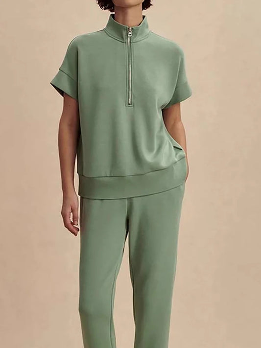 Casual Suit Fashion Zipper Loose Commuting Outfit Elegant Solid High Waist Set Summer Lady Stand Collar Short Sleeve Top + Pants