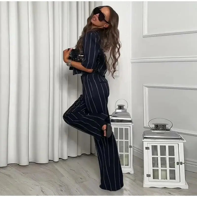 Elegant Striped Two Piece Coat and Pants Set for Women
