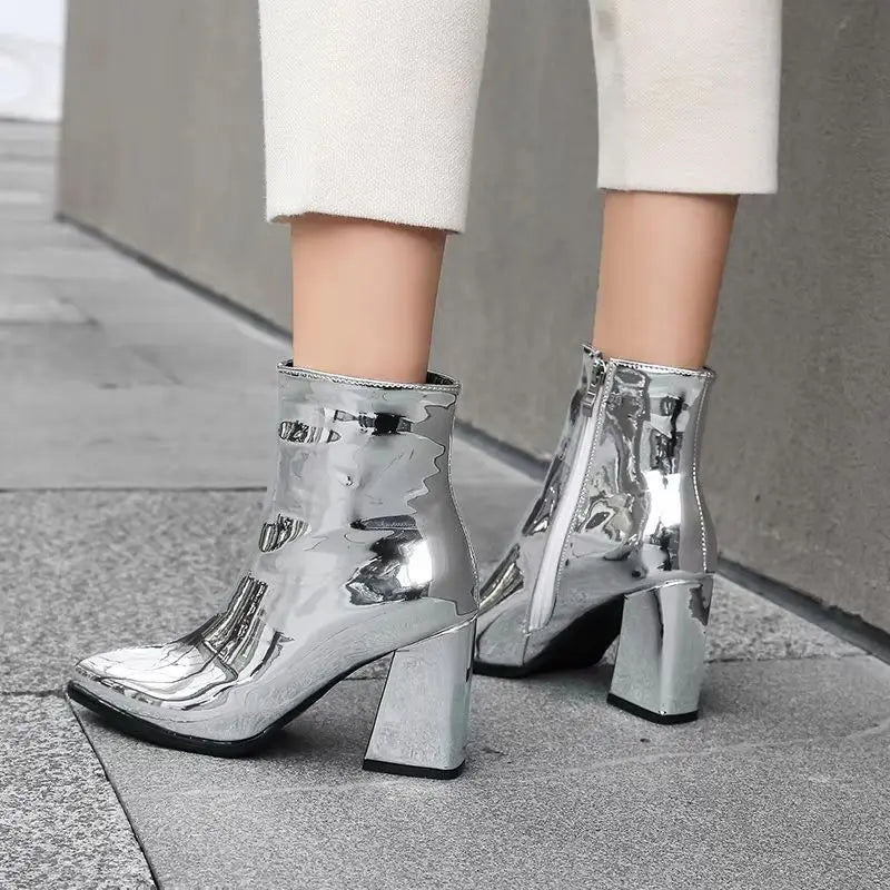 Metallic Silver Pointed Ankle Boots