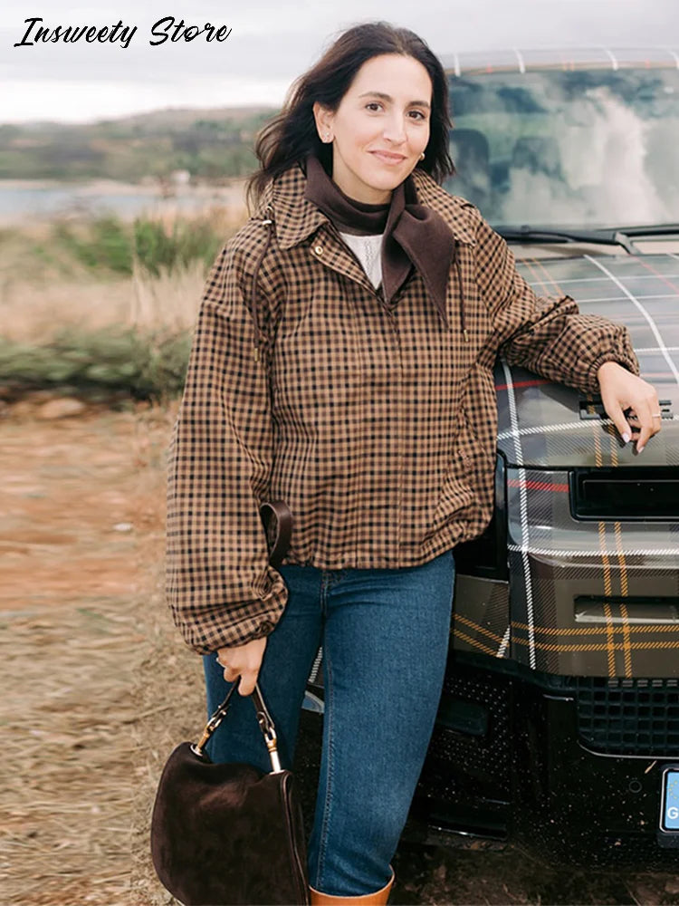 Long Sleeve Plaid Button-Up Shirt Jacket for Women