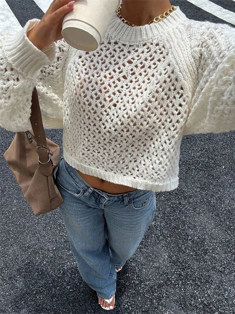 Long Sleeve Sheer Open Back Knit Sweater for Women
