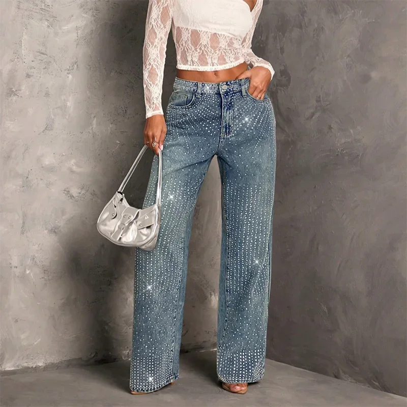 Rhinestone Decor High Waist Stretch Denim Jeans for Women