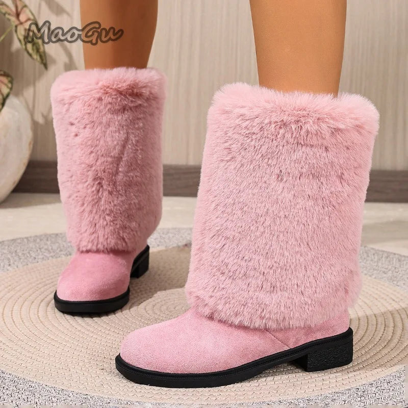 Plush Faux Fur Slip On Mid Calf Winter Snow Boots For Women