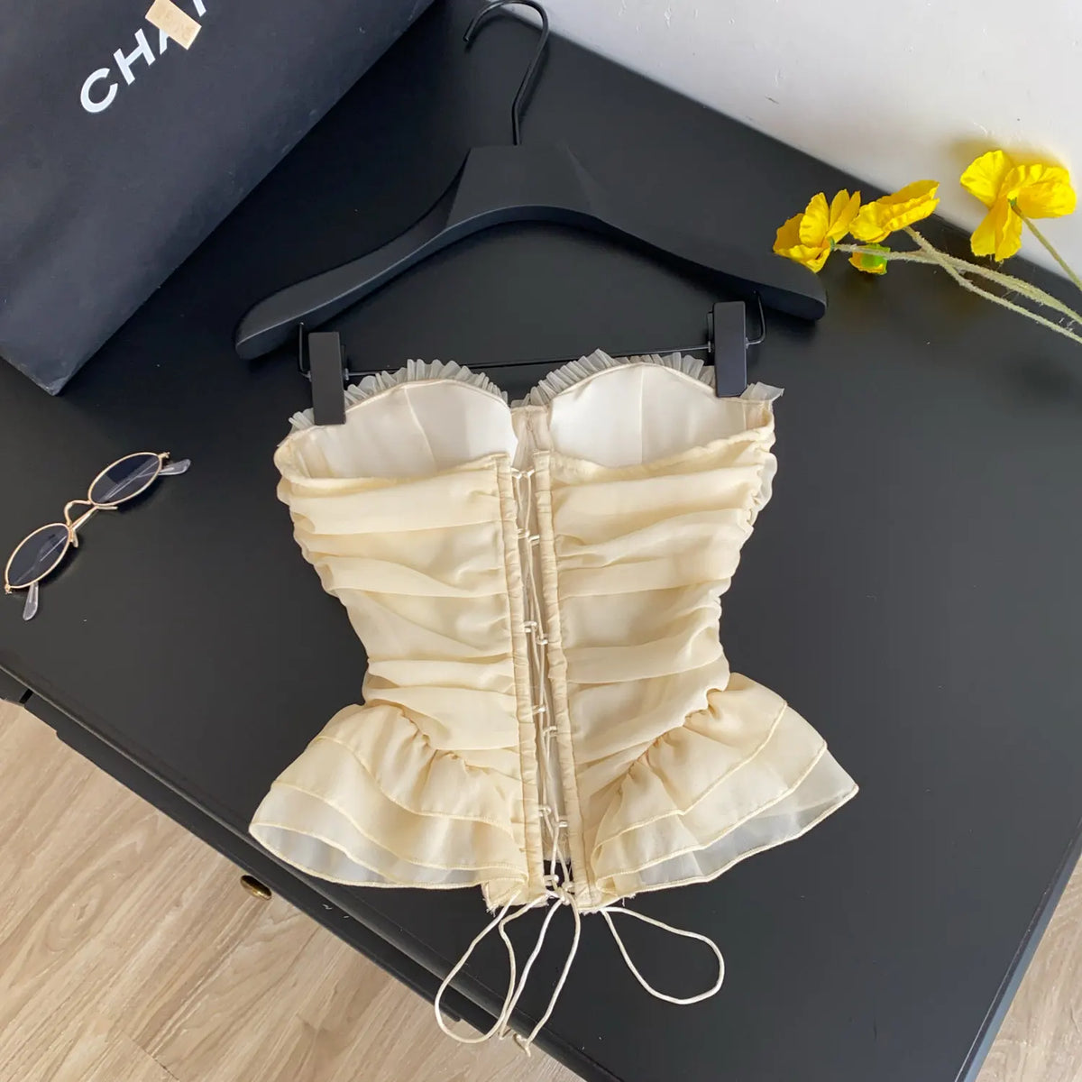 Ruched Lace Strapless Chiffon Corset Top for Women