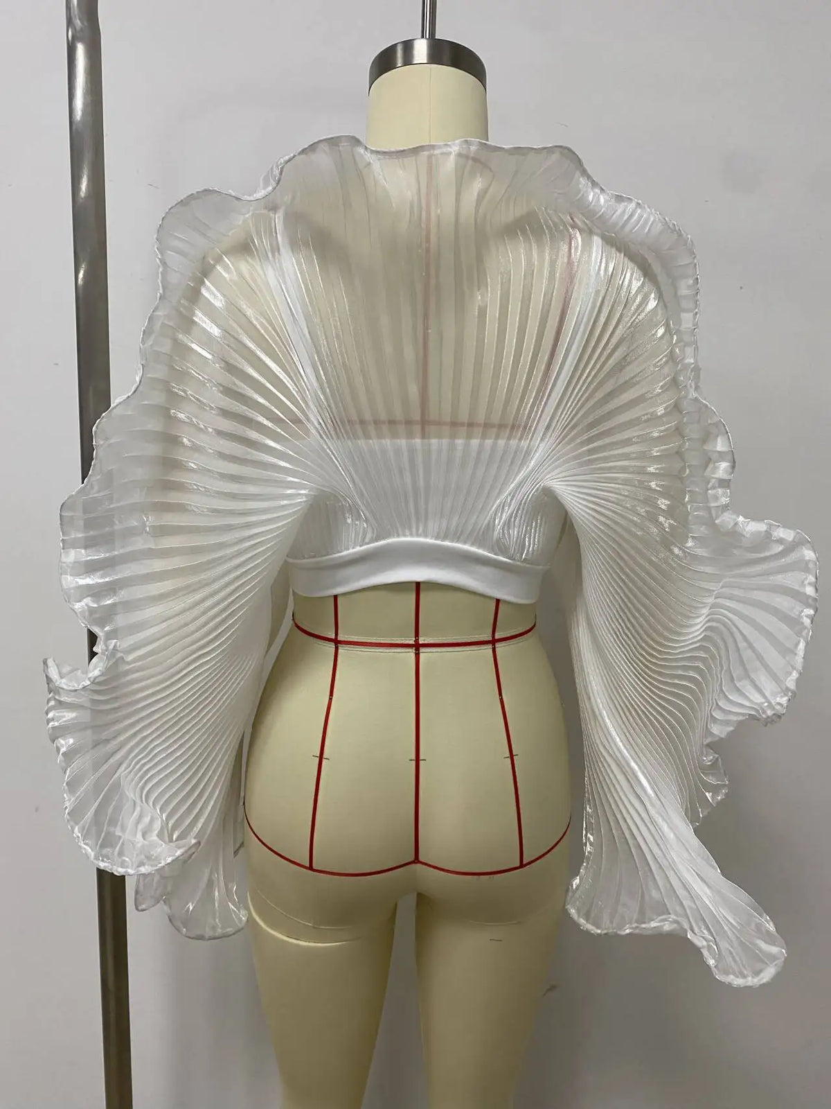 Sheer Pleated Ruffle Long Sleeve Top