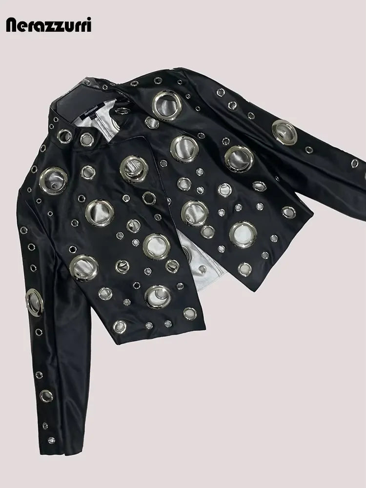 Sequin Hollow Out Patchwork Faux Leather Jacket For Women