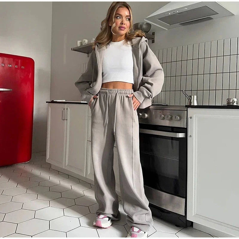 Casual Hooded Jacket and Wide Leg Pants Set for Women