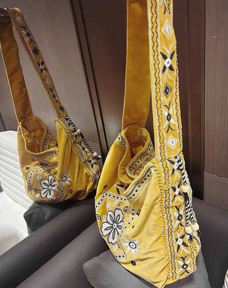 High Quality Original Design Velvet Embroidery Fringe Cloth Bag Shoulder Large Capacity Cross Body Tote Bags for Women