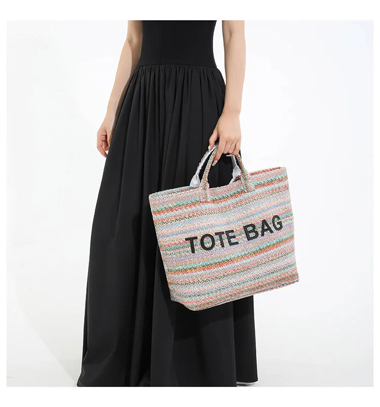 Large capacity beach woven bag, colorful striped tote bag, letter contrasting handbag for women
