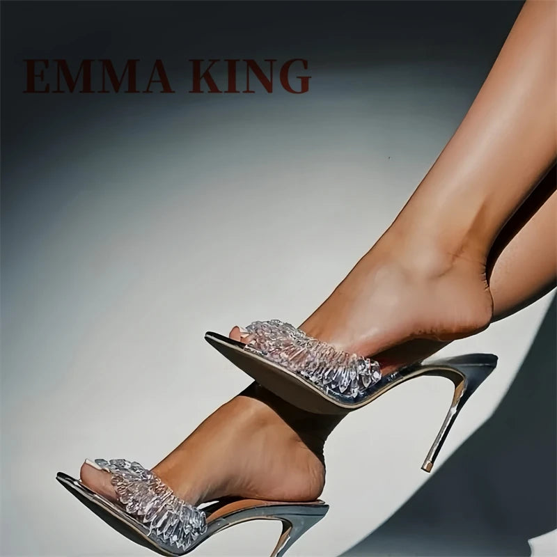 Clear PVC High Heel Beaded Open Toe Mules for Women