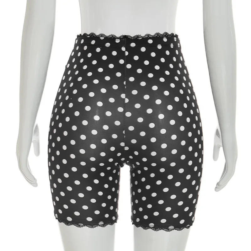 Polka Dot Lace Edge Stretchy Moto Biker Shorts for Women