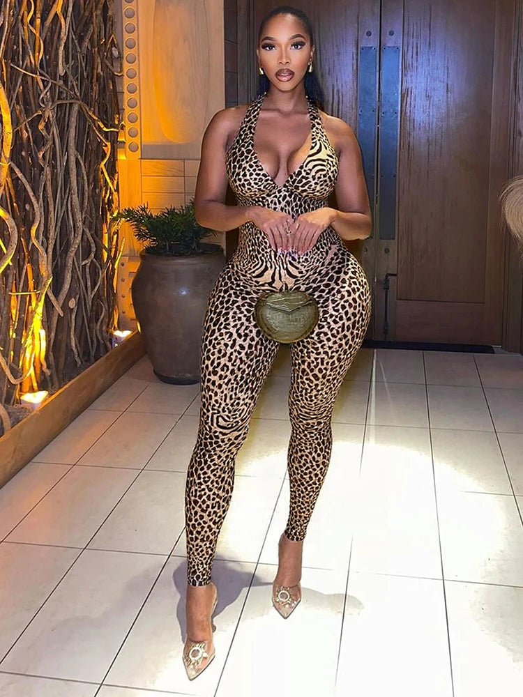 Leopard Print Sleeveless Jumpsuit with Stretch for Women