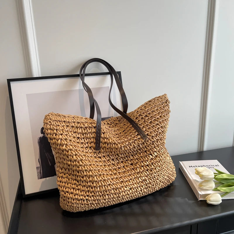 Large Capacity Straw Woven Shoulder Tote Bag for Women