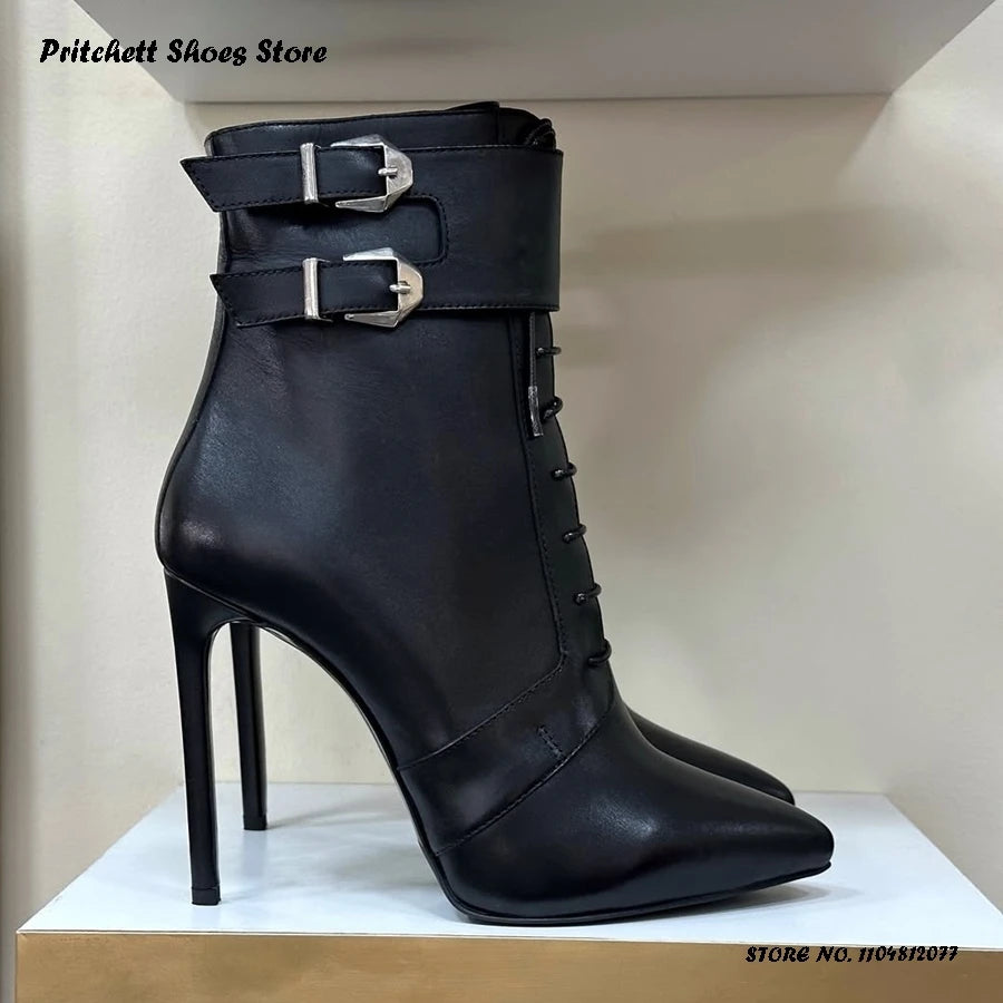 Buckle Detail Pointed Toe Thin Heel Leather Ankle Boots for Women