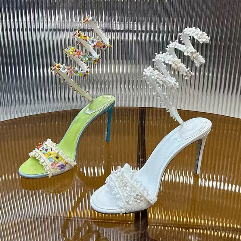 Elegant Floral Lace Strappy Stiletto Sandals for Women