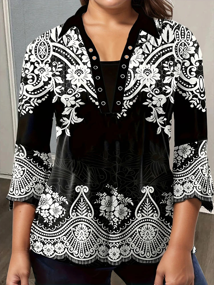 Plus Size Women's Flower Print Irregular Cuff T-Shirt Spring and Autumn Casual Quarter Sleeve Tops Women's