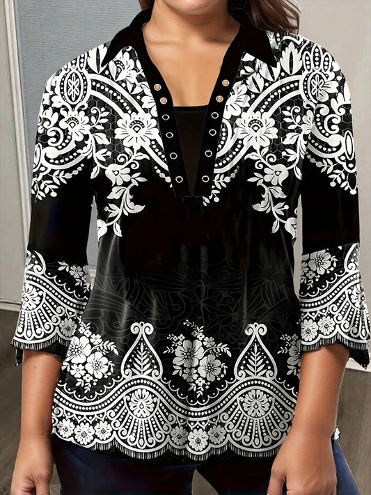 Plus Size Women's Flower Print Irregular Cuff T-Shirt Spring and Autumn Casual Quarter Sleeve Tops Women's
