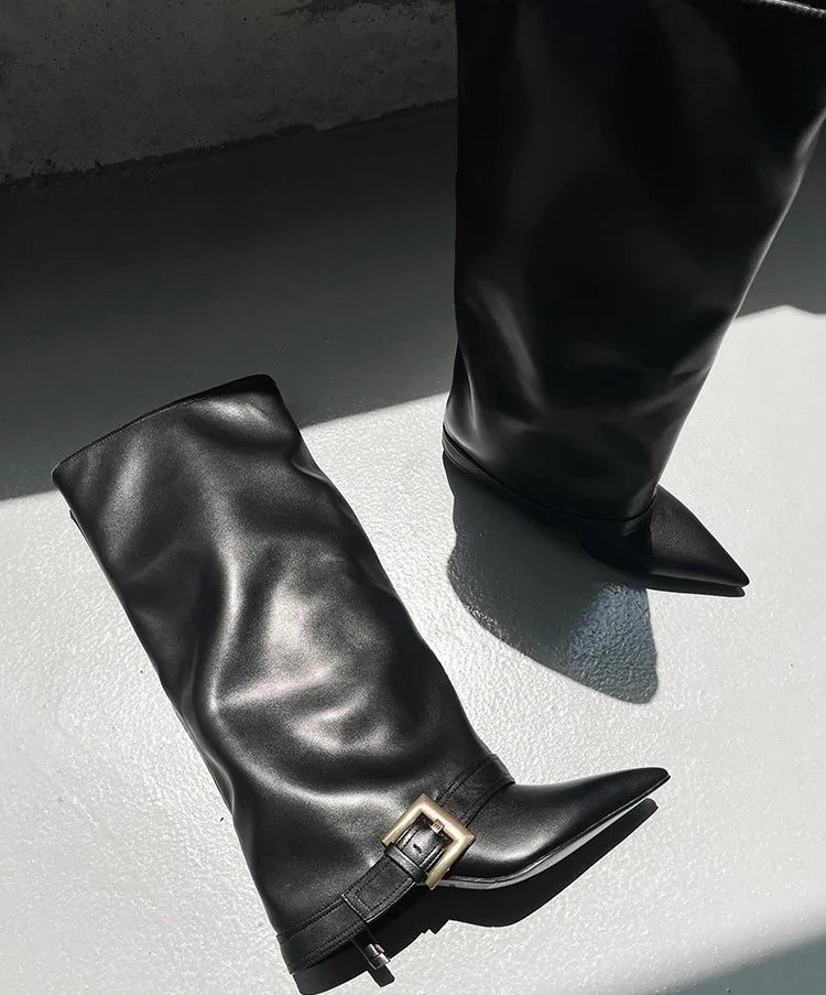 Design Women Metal High Heel Pointed Toe Belt Buckle Knee High Boots Sexy Women Pointy Gold Belt Buckle Knee Boots Plus Size 46